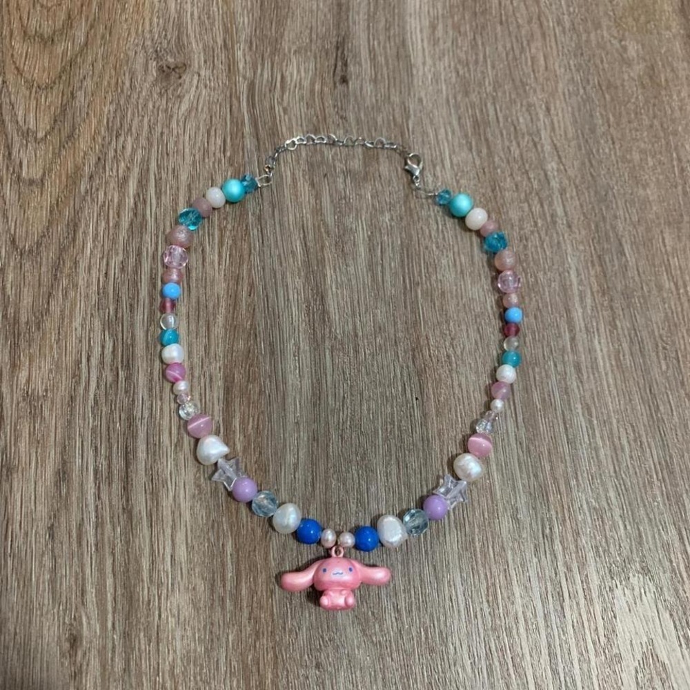 Custom handmade Cinnamoroll beaded decora necklace in baby blue pink - 10 inches